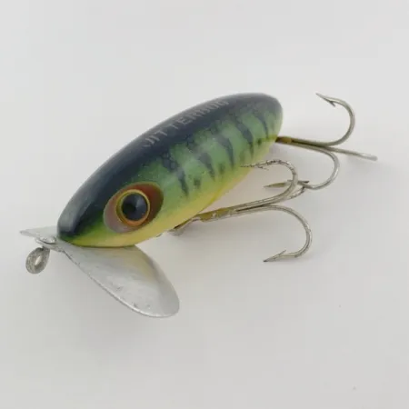 Fred Arbogast Jitterbug Early Bug Eye, 14g, Green Tiger, Esca Topwater #23902