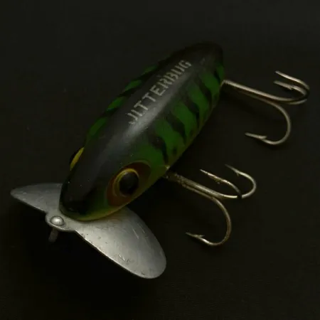 Fred Arbogast Jitterbug Early Bug Eye, 14g, Green Tiger, Esca Topwater #23902