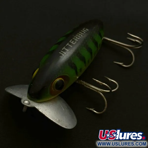 Fred Arbogast Jitterbug Early Bug Eye, 14g, Green Tiger, Esca Topwater #23902
