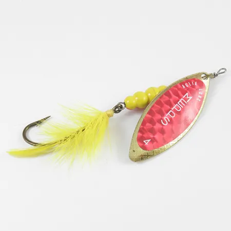 Mepps Aglia Long 4 Rotante, Rosso/Giallo/Ottone, 17g, Piumato, #2591