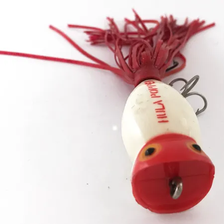 Fred Arbogast Hula Popper Esca Topwater, Rosso/Bianco, 8g, Skirt, #4166